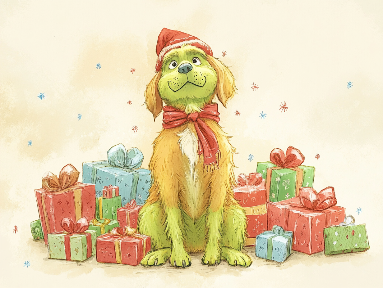 Golden Retriever pretending to be the Grinch.