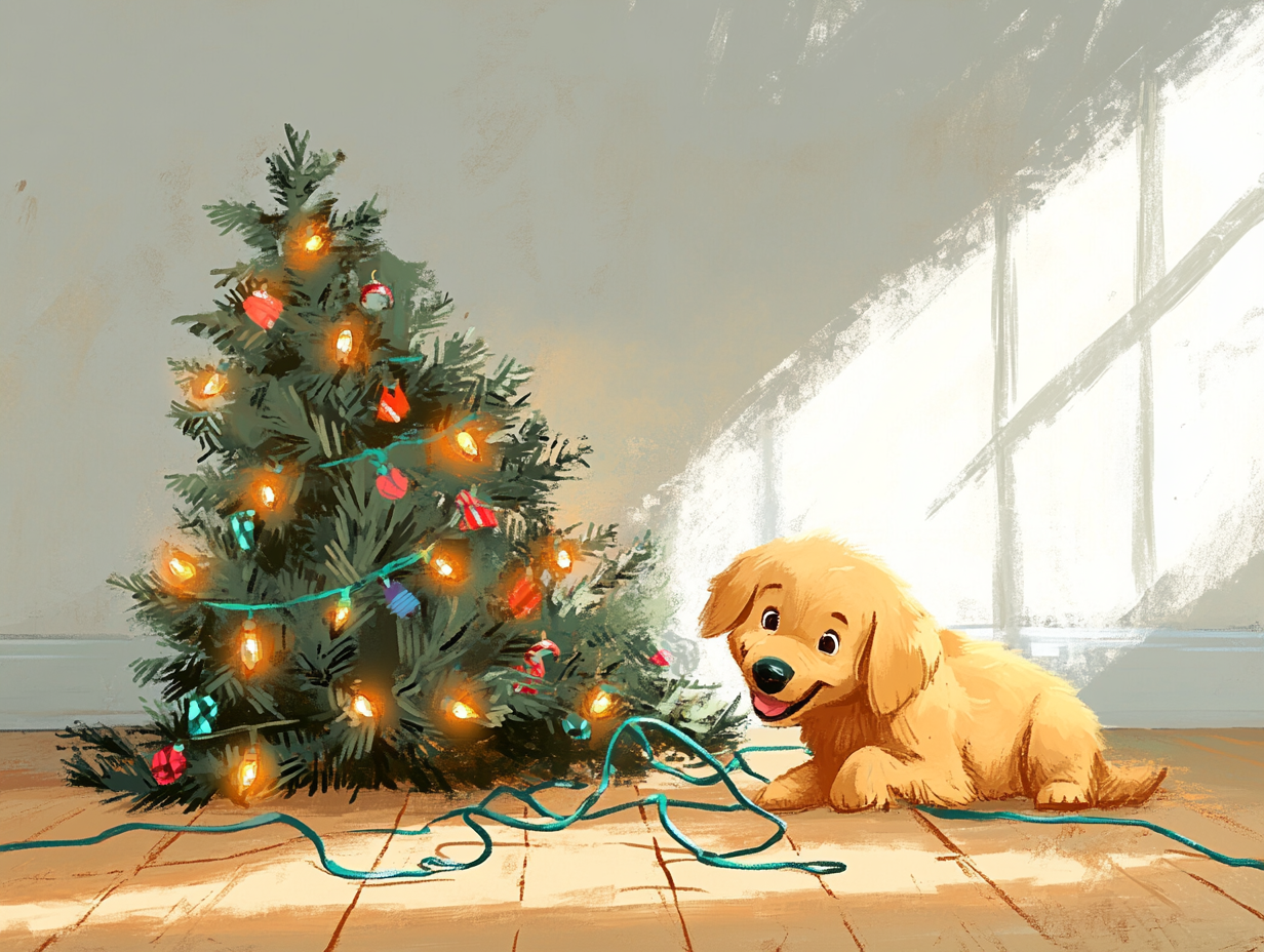 Golden Retriever puppy and fallen Christmas tree illustration.