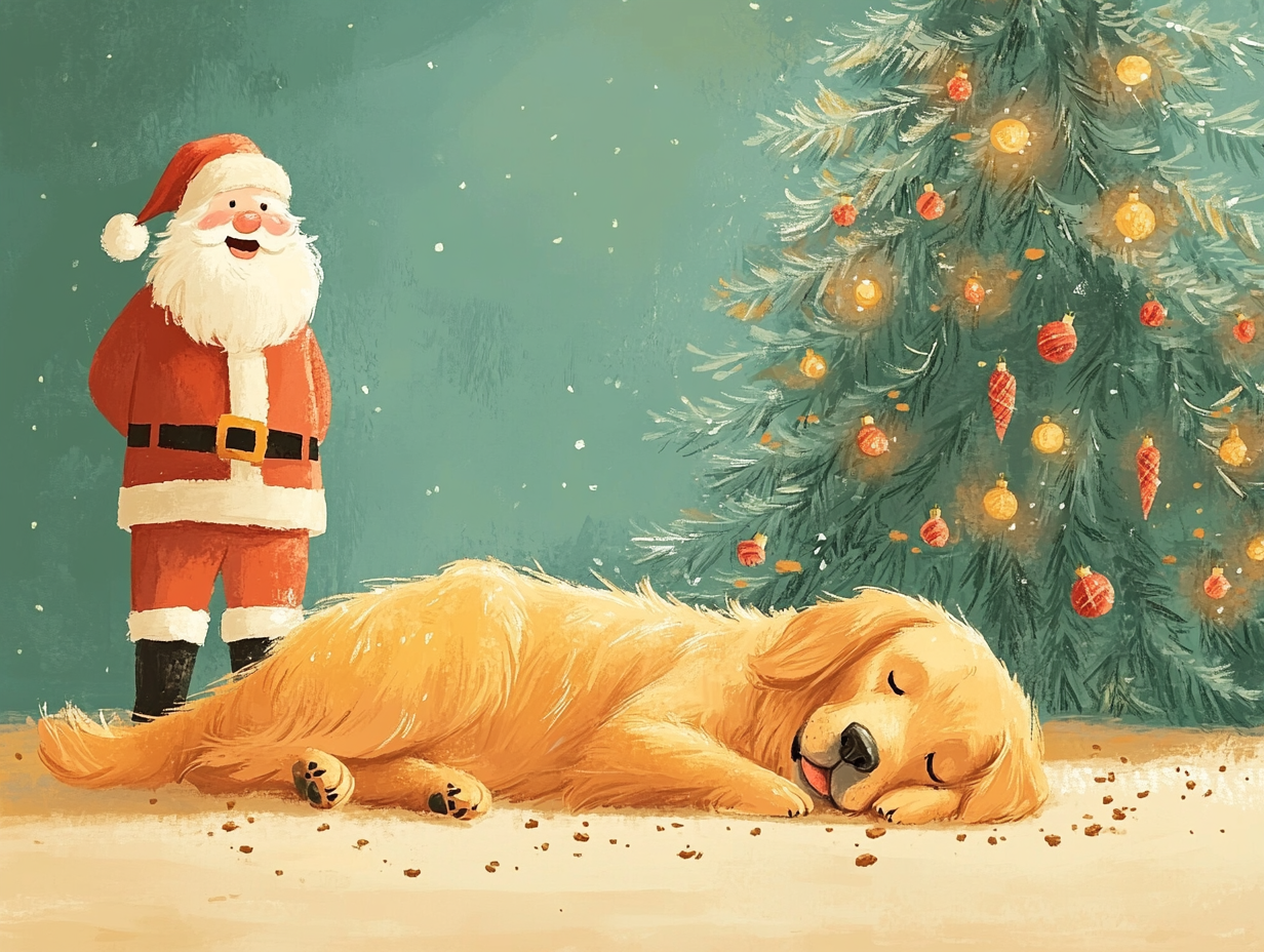 Golden Retriever sleeping with Santa over crumb-covered tree.