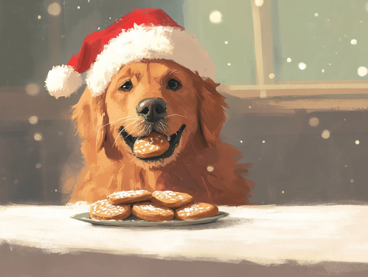 Golden Retriever stealing Santa's cookies in children's book style.