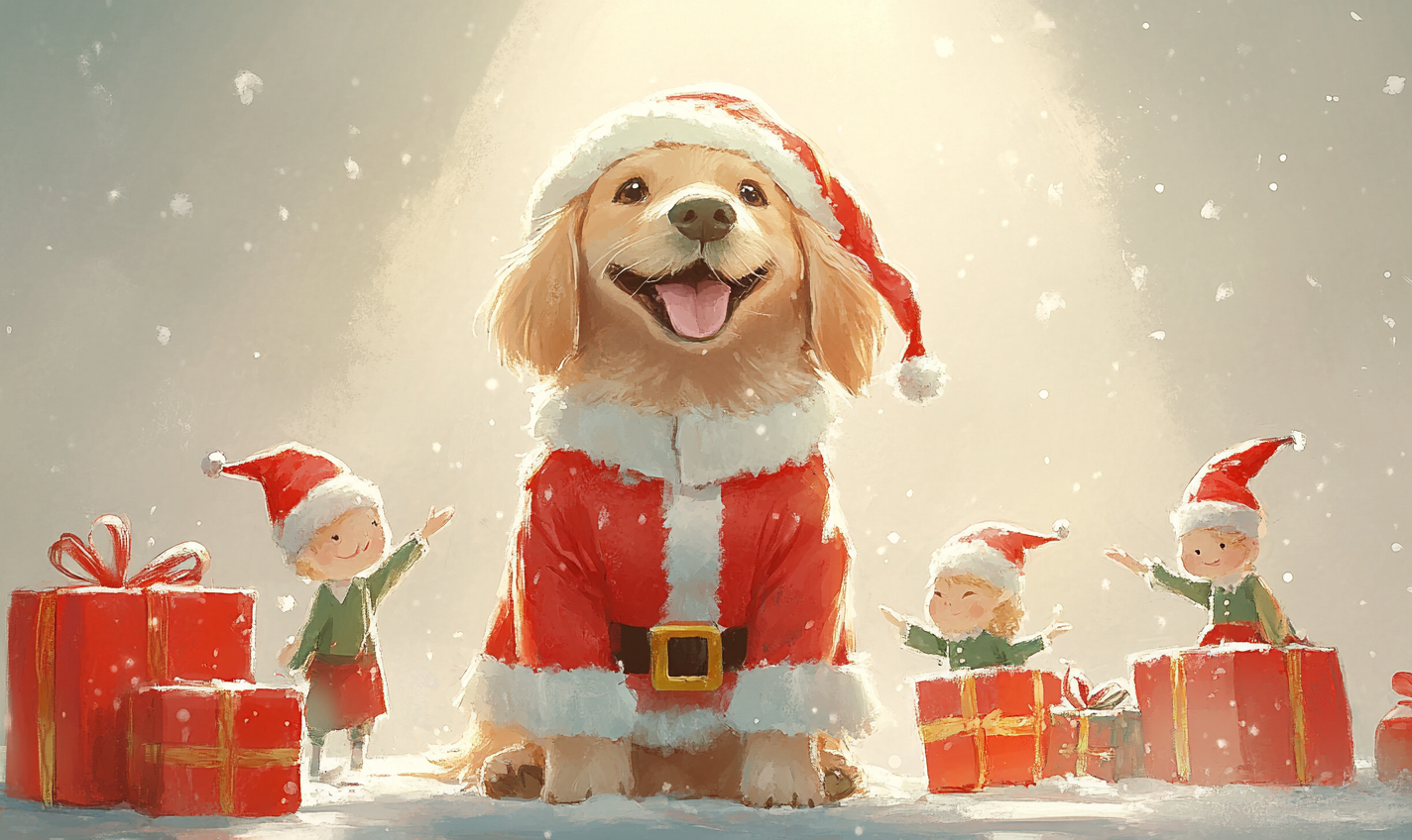 Golden Retriever surrounded by elves and presents at Christmas.