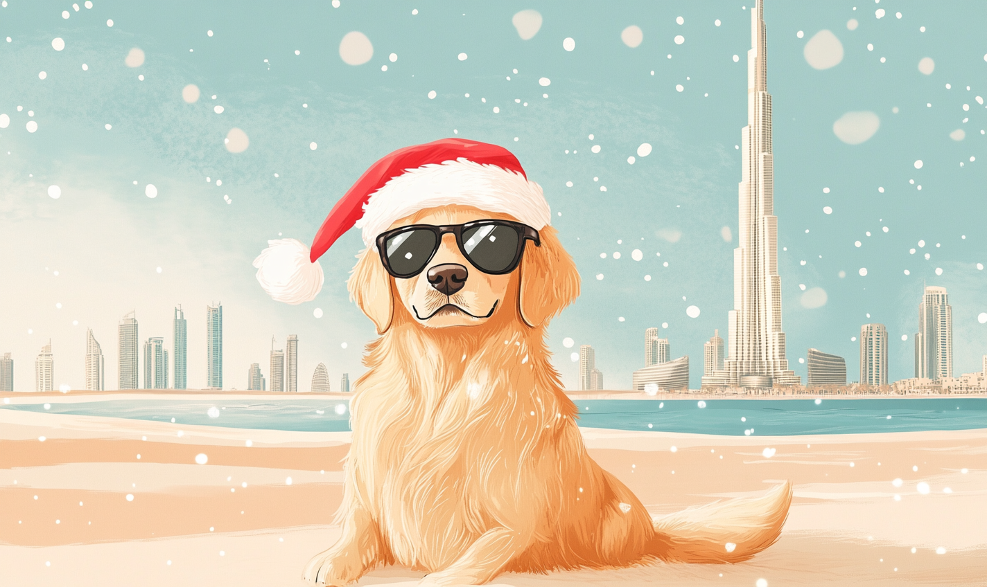 Golden Retriever wearing Santa hat and sunglasses on beach.