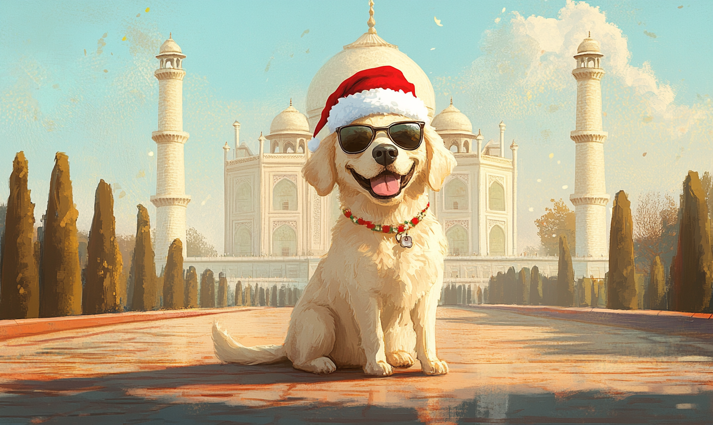 Golden Retriever wearing Santa hat at Taj Mahal.