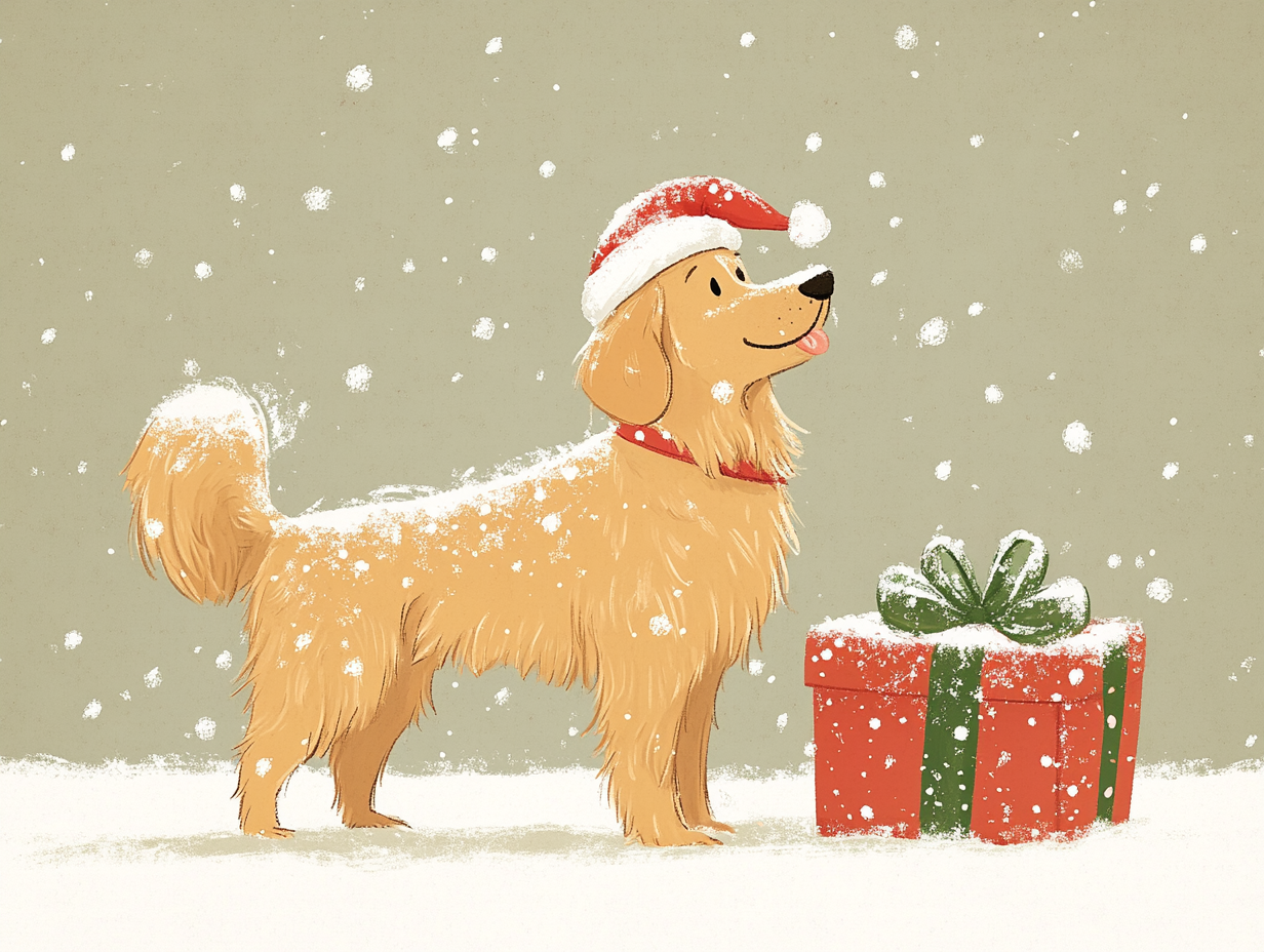 Golden Retriever with Santa hat and Christmas gift.