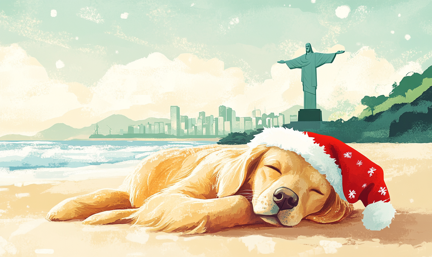 Golden Retriever with Santa hat on beach, Rio's statue.