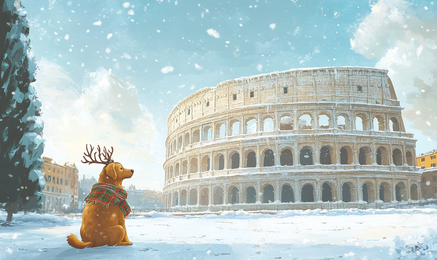 Golden Retriever with scarf and antlers in snowy Rome.