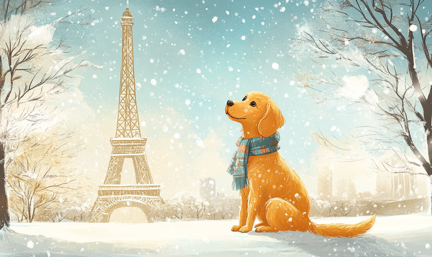 Golden Retriever with scarf in snowy Paris.