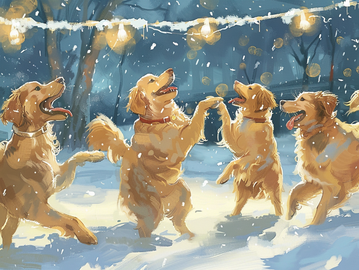 Golden Retrievers celebrating at Christmas party with soft light.