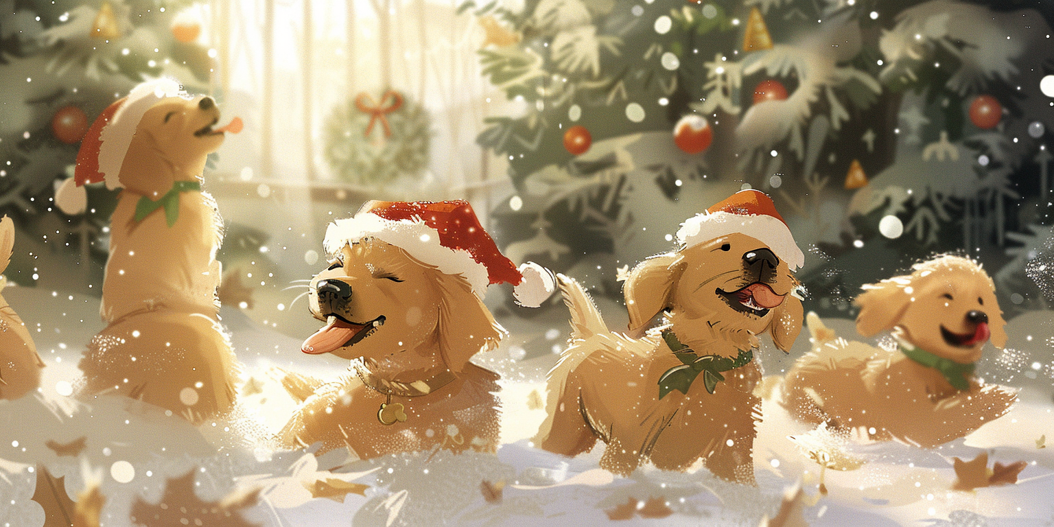 Golden Retrievers in Santa hats having Christmas party.