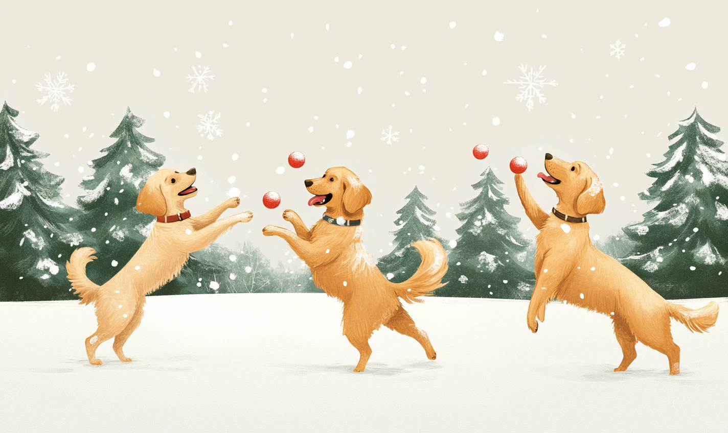 Golden Retrievers playing in snow with Christmas trees around.