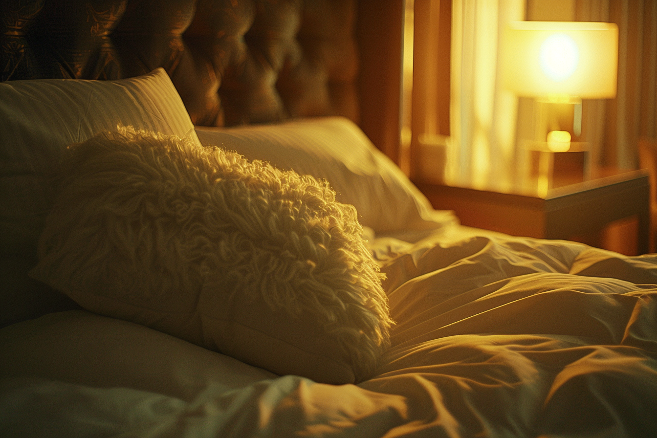 Golden Sunset Pillow on Hotel Bed