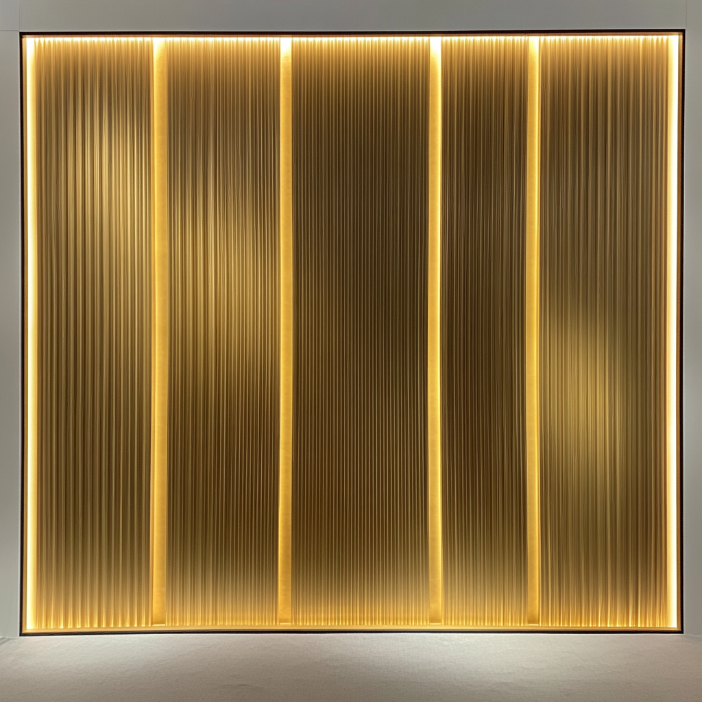 Golden Wall with Fluted Panels and Soft Lighting