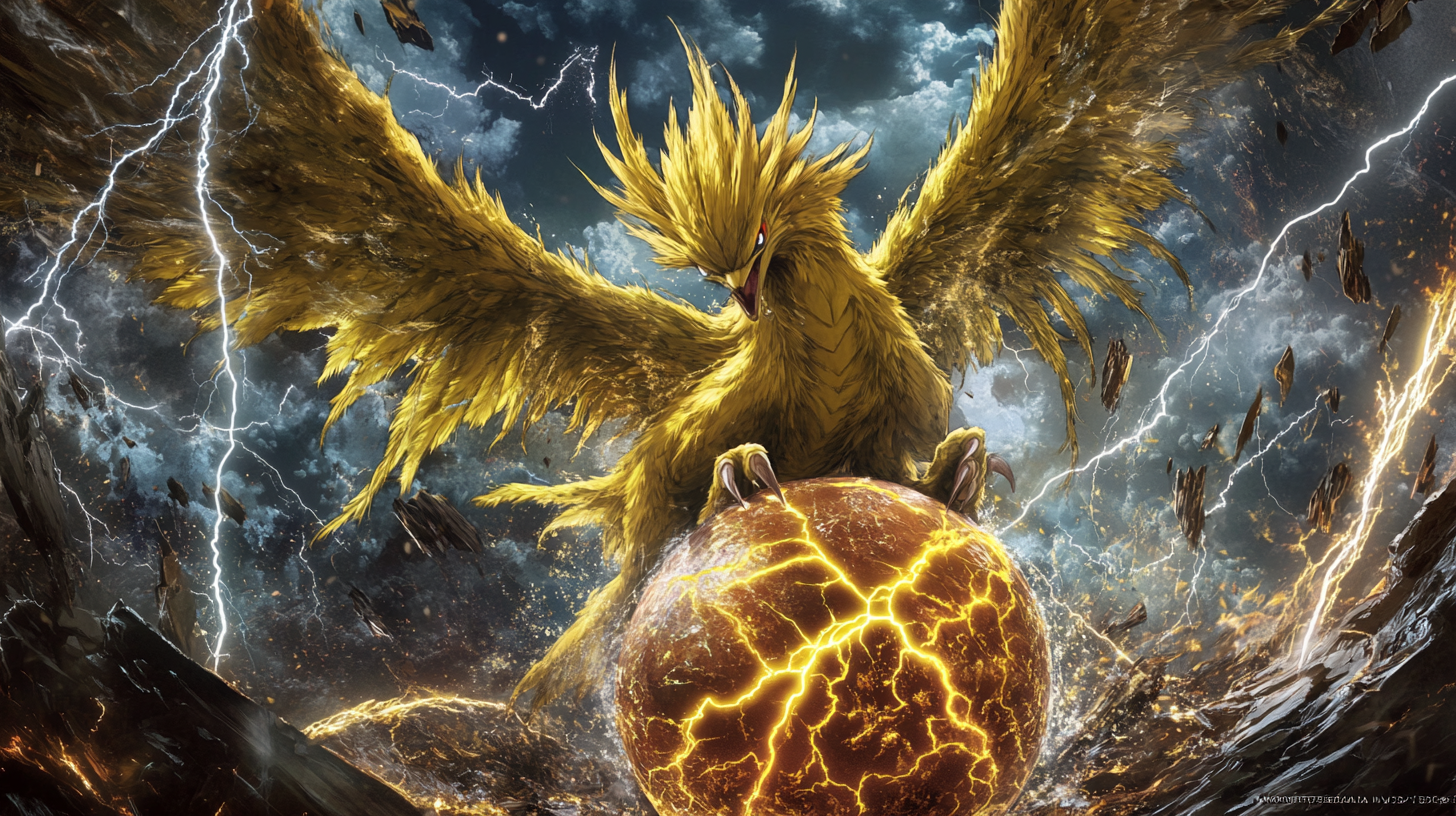 Golden Zapdos hatching from stormy egg, surrounded by lightning.