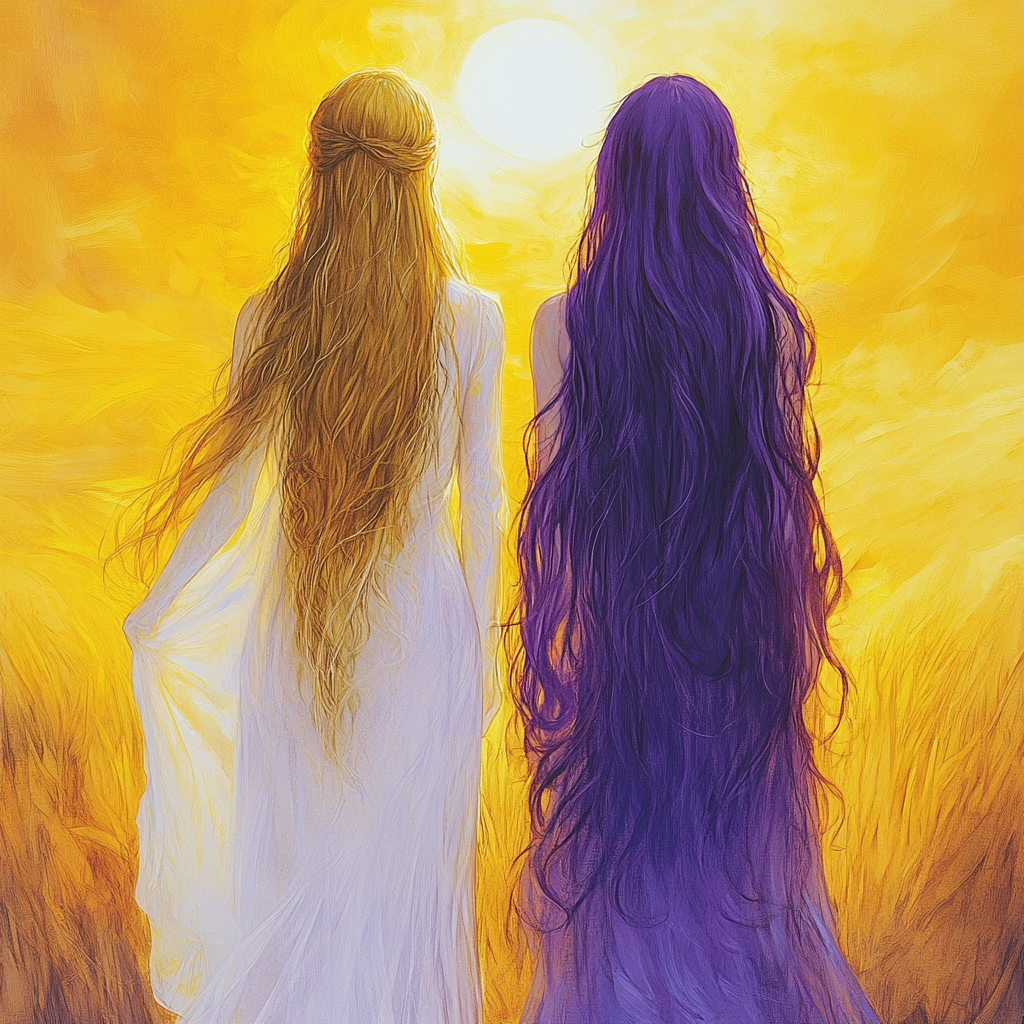 Golden and Purple Haired Women Walking Towards Sunset