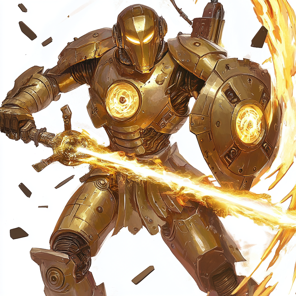 Golden armor robot warrior with plasma sword