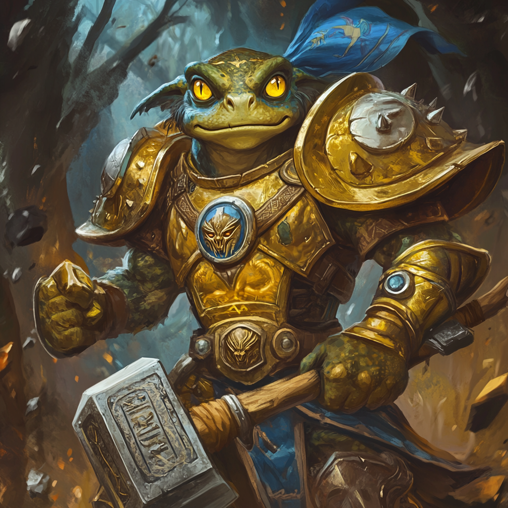 Golden-armored murloc paladin wields diamond hammer and holy grimoire.