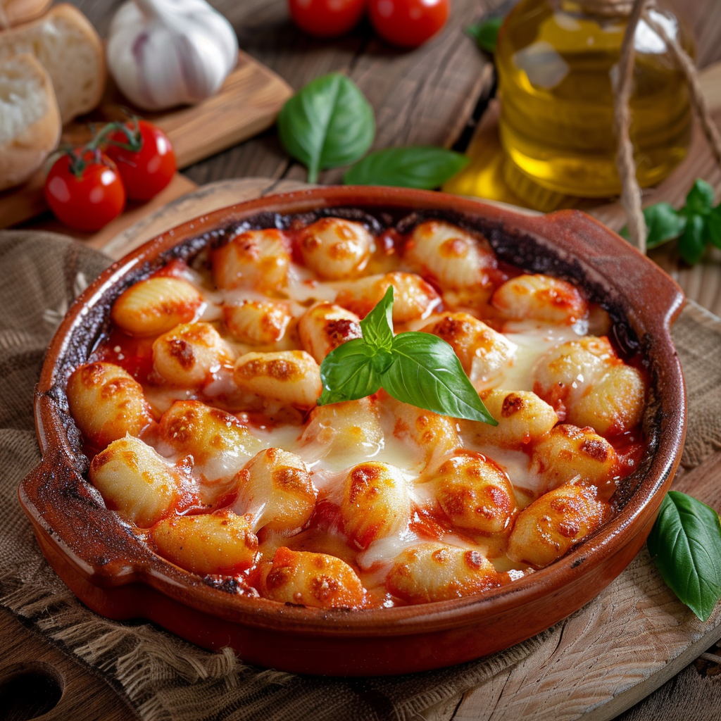 Golden baked gnocchi alla sorrentina with melted mozzarella.