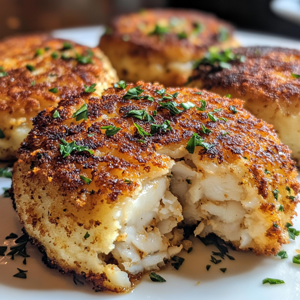 Golden-brown Baltimore Crab Cakes with juicy crab meat.