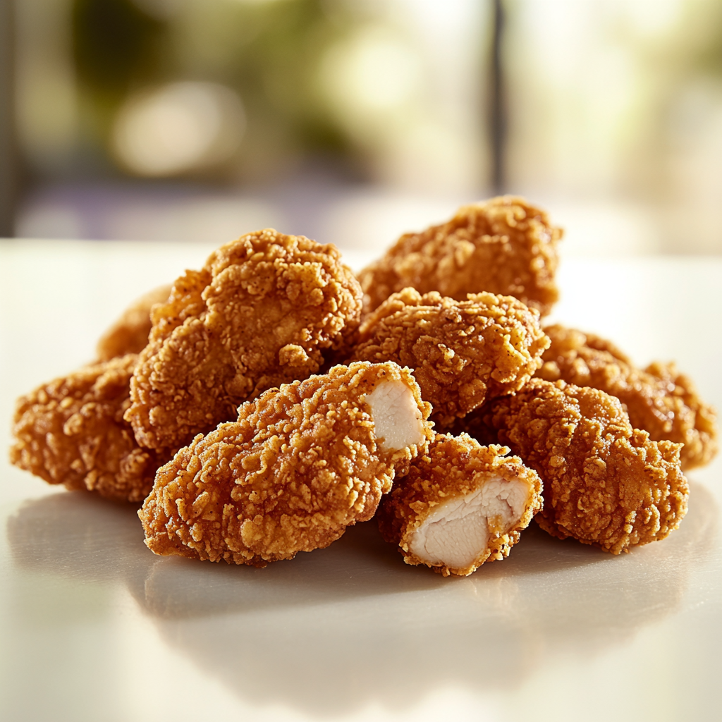 Golden-brown fried chicken on white plate