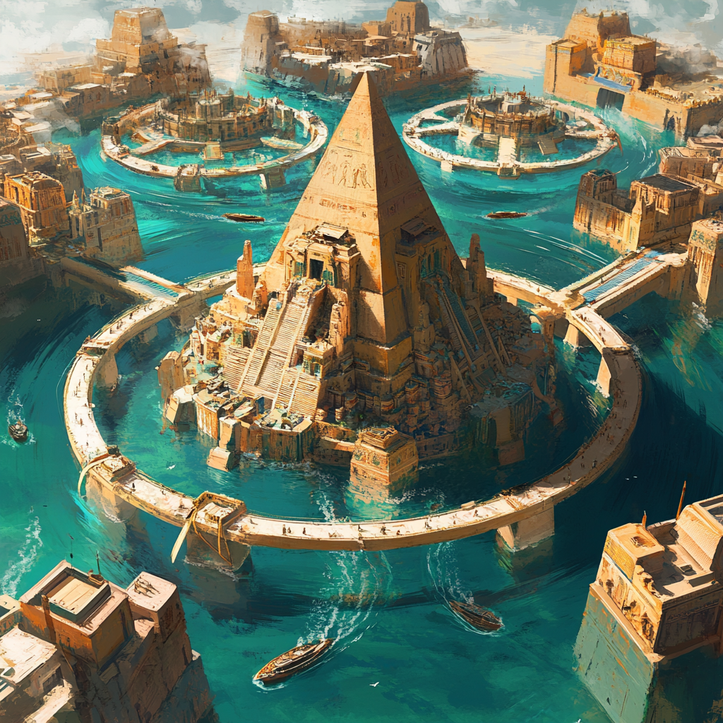 Golden city of Atlantis with marble homes and pyramid.