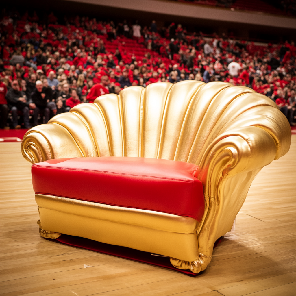 Golden couch seat at basketball game, fans cheering.