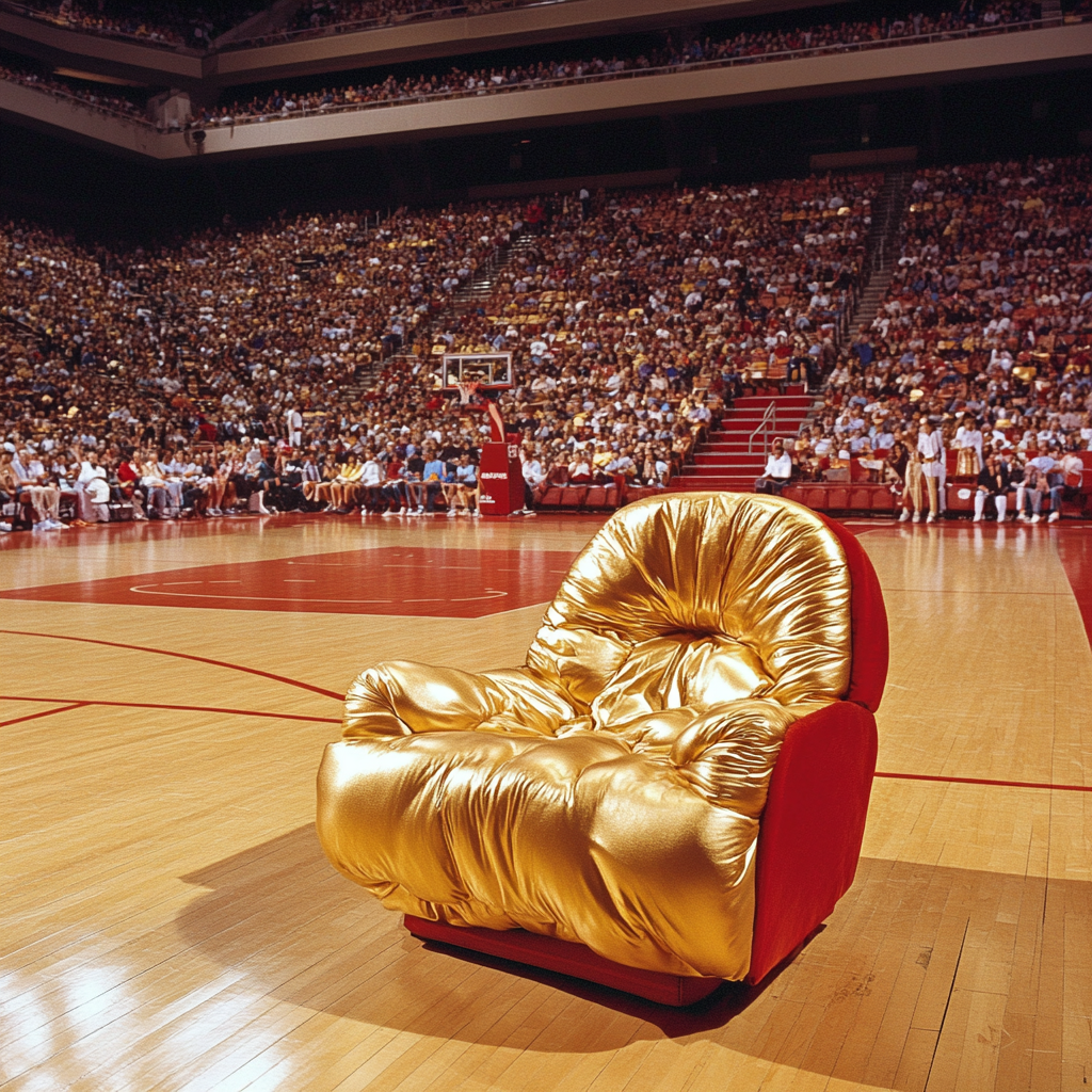 Golden couch seat in basketball court, fans cheering.