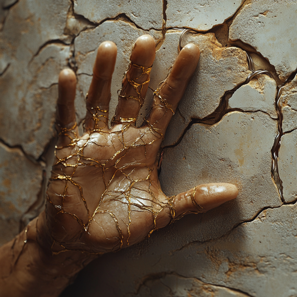 Golden cracks in stone hand reaching through wall