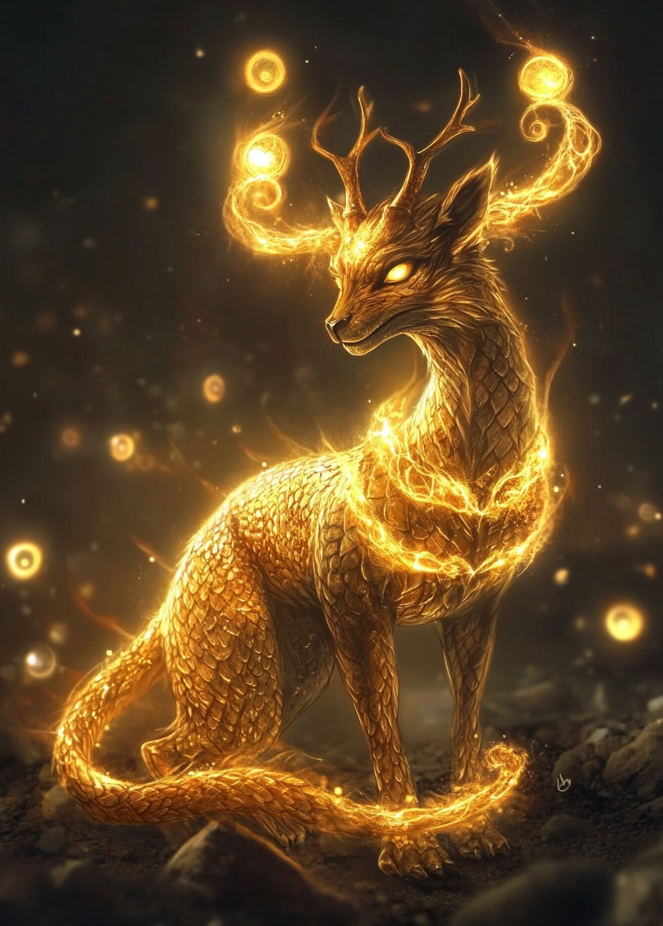 Golden deer-lion-dragon with orbs, divine creature