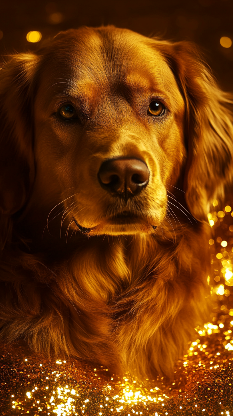 Golden dog with powers, eyes and fur shining gold.