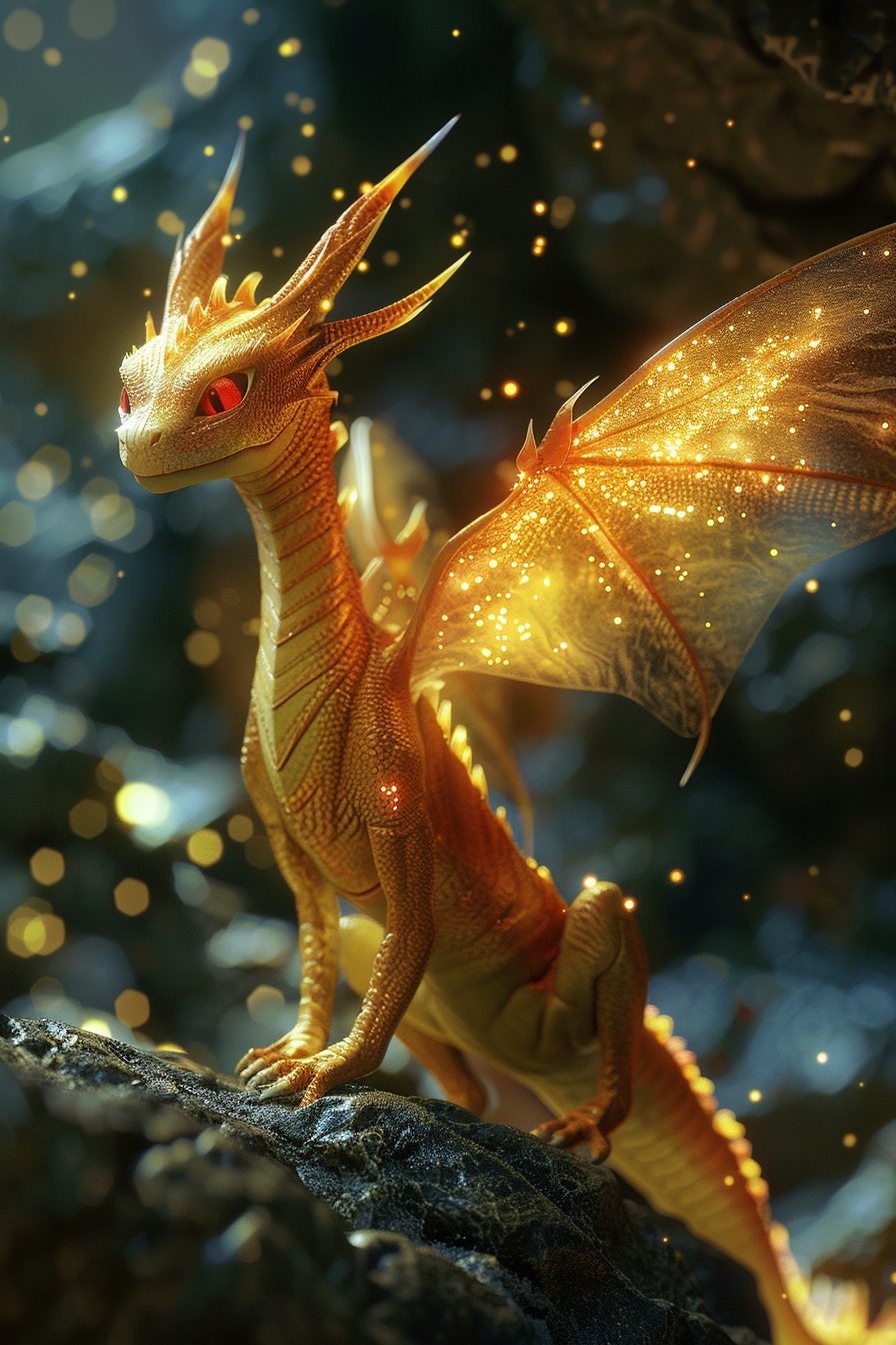 Golden dragon with glowing wings in magical cave.