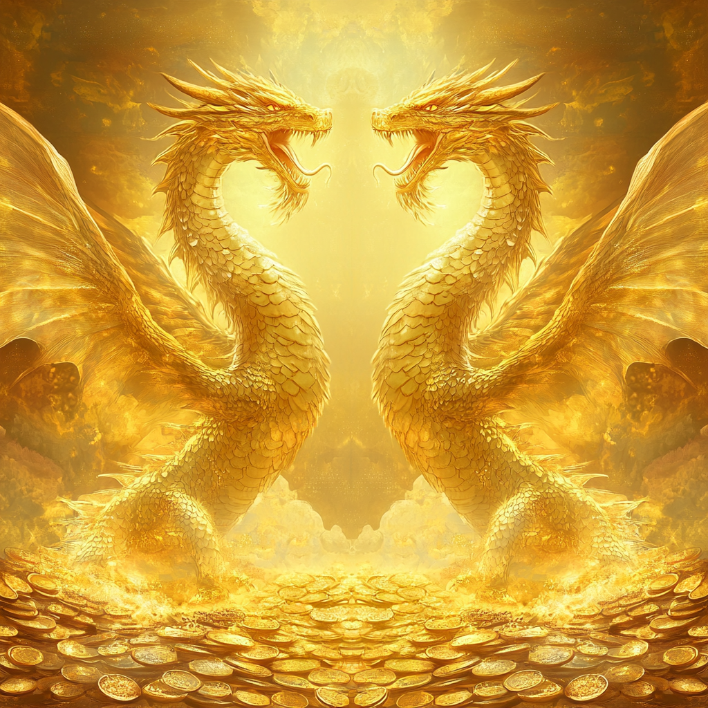 Golden dragons roaring in symmetrical balance with clouds