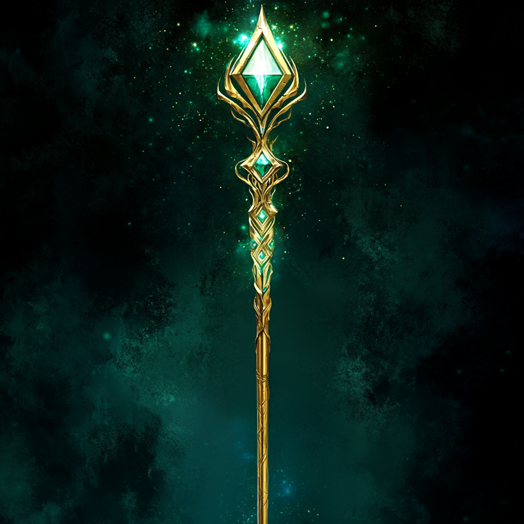 Golden fey scepter with white diamond, magical and regal.