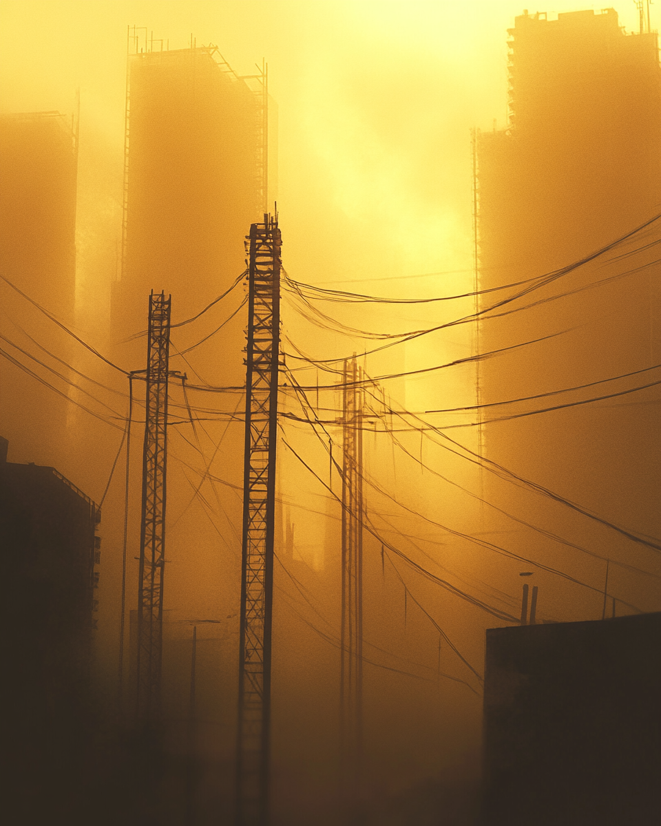 Golden fog envelops city with towering transmission lines