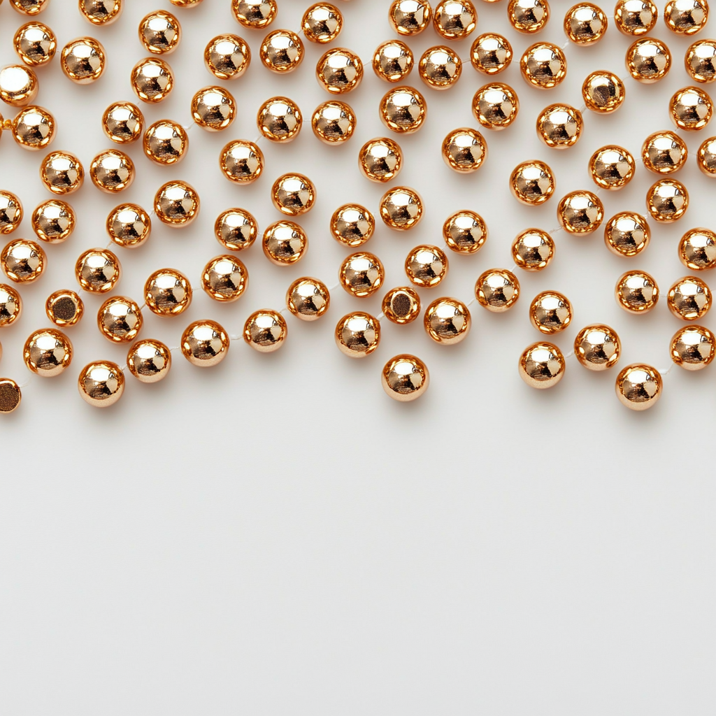 Golden garland of small round beads on white background.