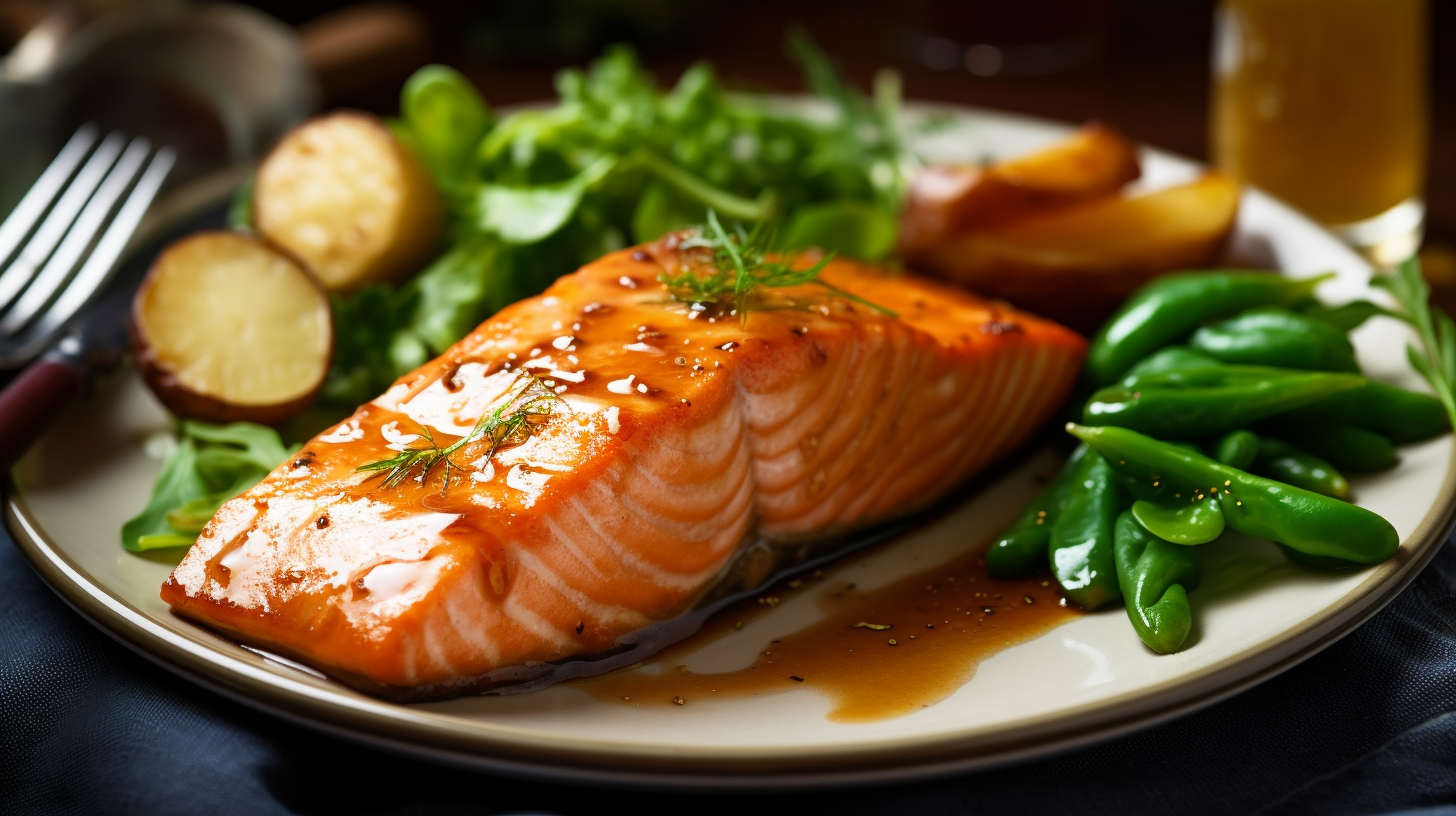 Golden glazed salmon fillets with boiled potatoes & veggies.