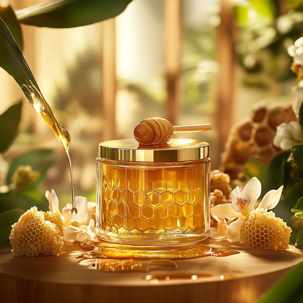 Golden honey cream in elegant glass jar