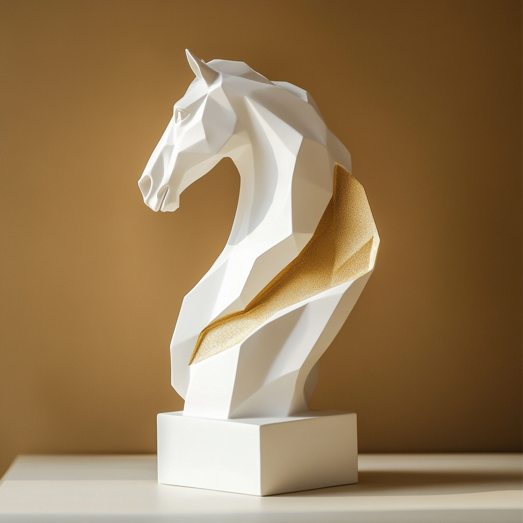 Golden horse sculpture with diamonds, minimalist design