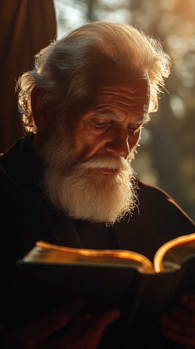 Golden hour image of Preacher Billy Graham reading Bible.