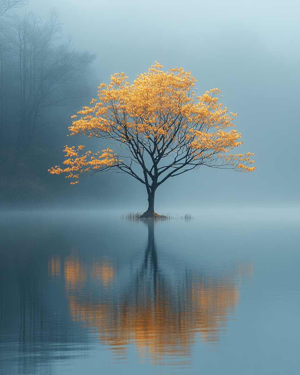 Golden-leafed tree stands in calm water under blue sky.