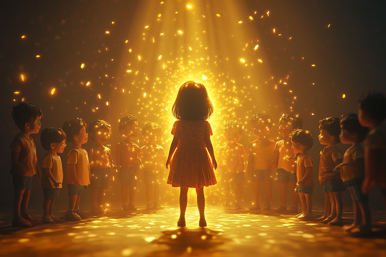 Golden light surrounds girl child and group of children.