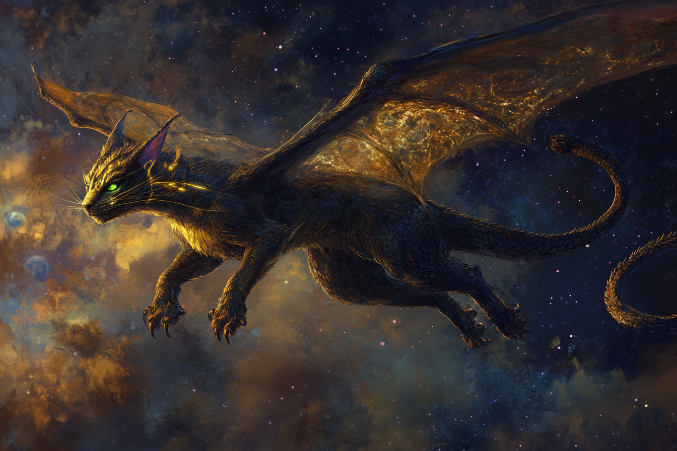 Golden-maned, black dragon with cat paws hovers in sky.