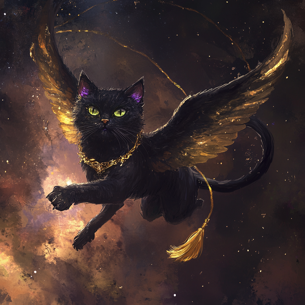 Golden-maned, cat-faced creature with black wings in night sky.