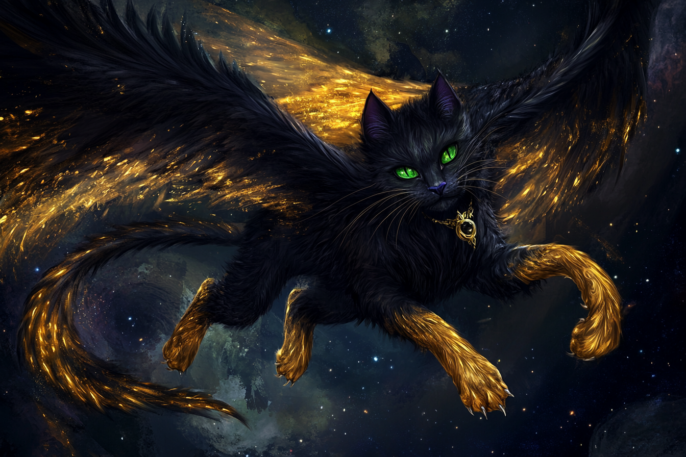 Golden-maned black fox-faced creature hovers with silky wings.