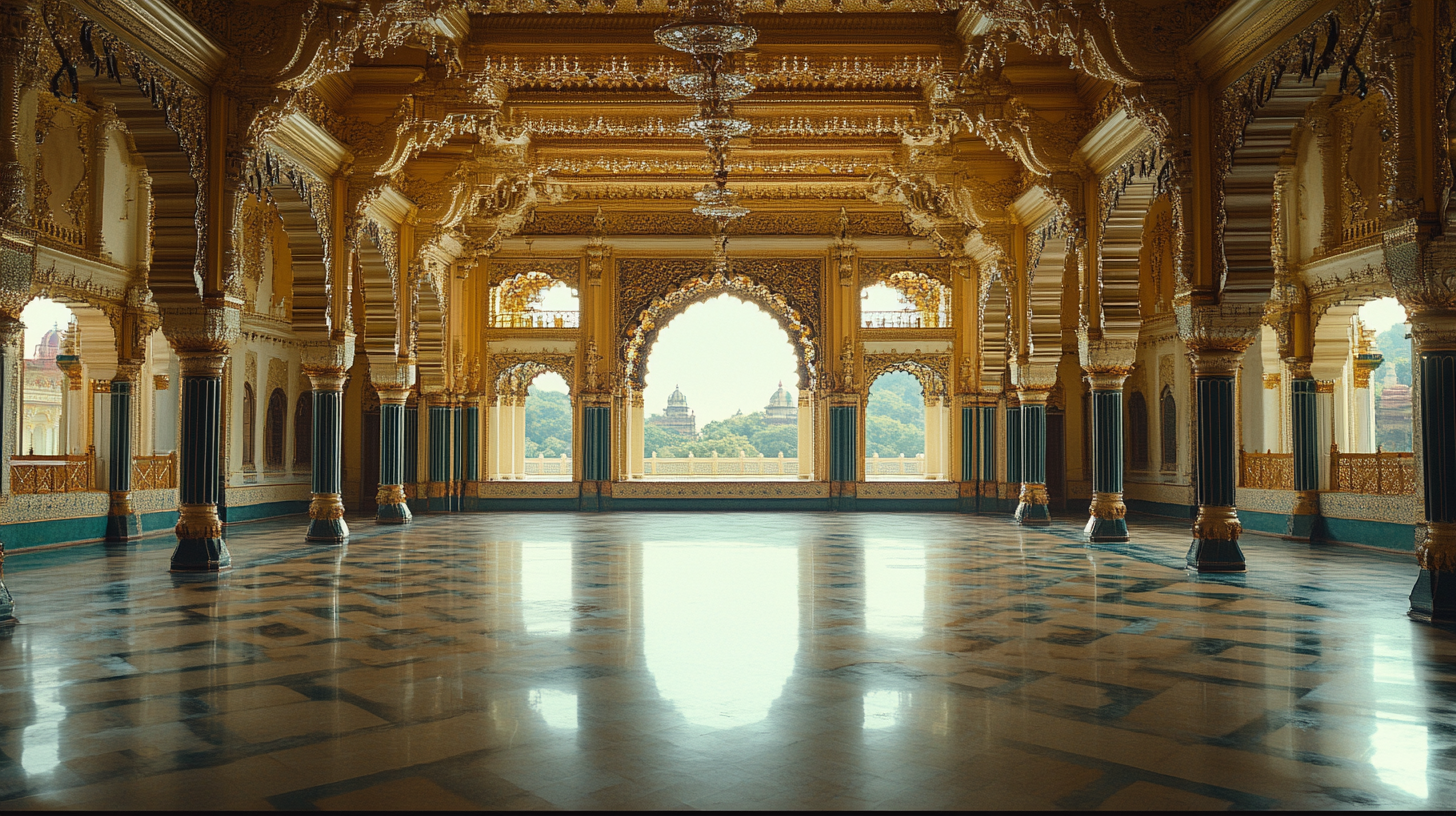 Golden palace interior with large central rectangle window.