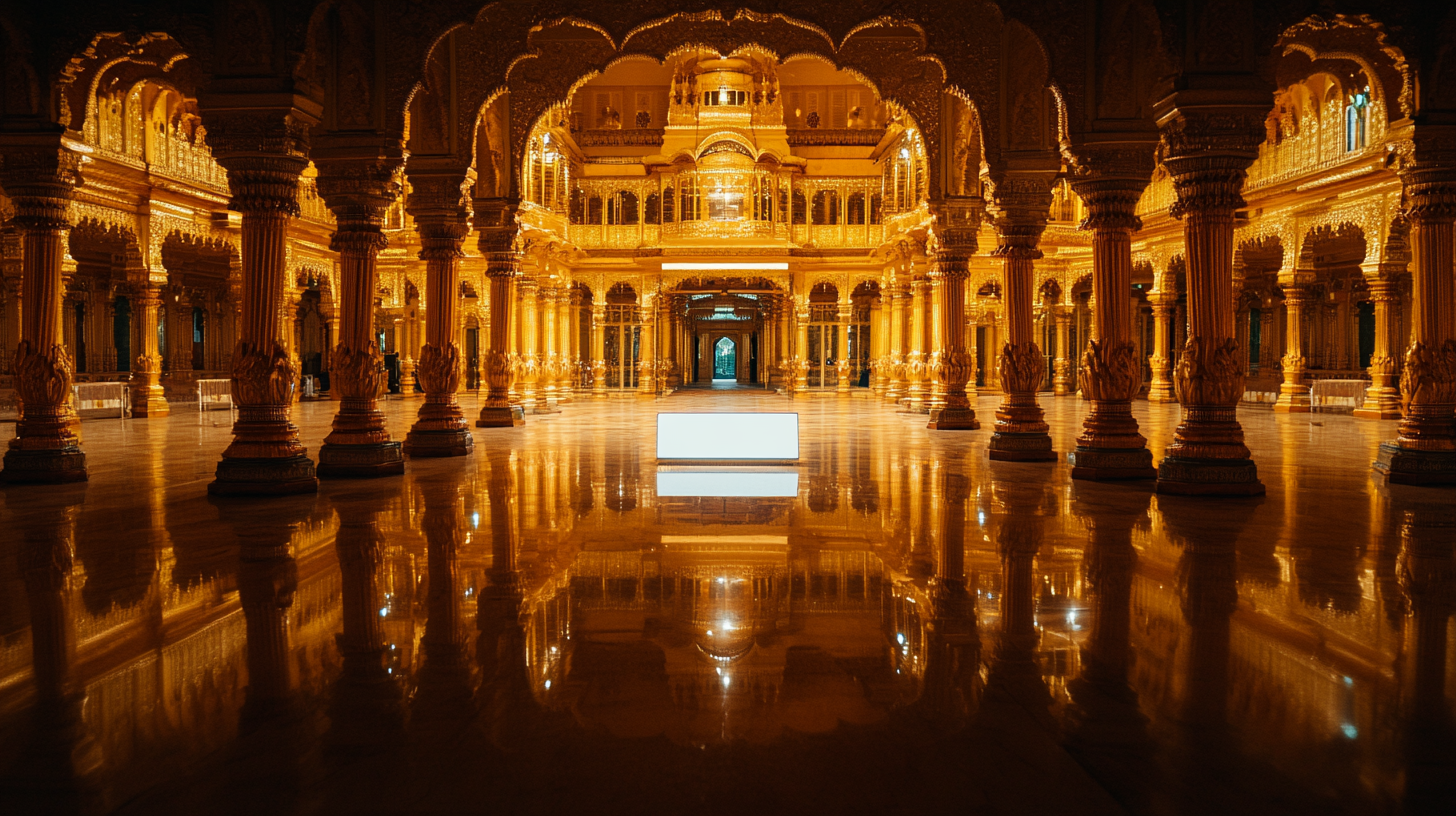 Golden palace interior with rectangle mirror, cinematic film look.