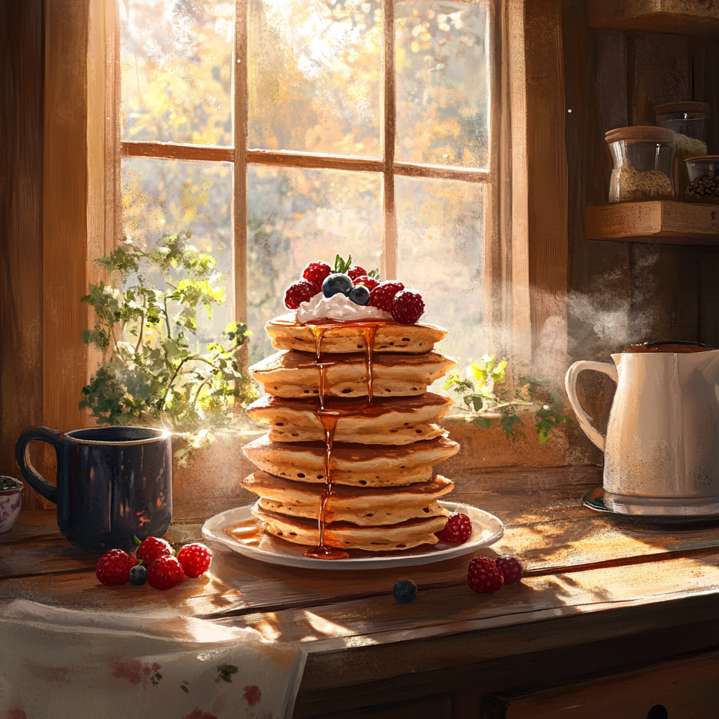 Golden pancakes stacked high with fresh berries and syrup.