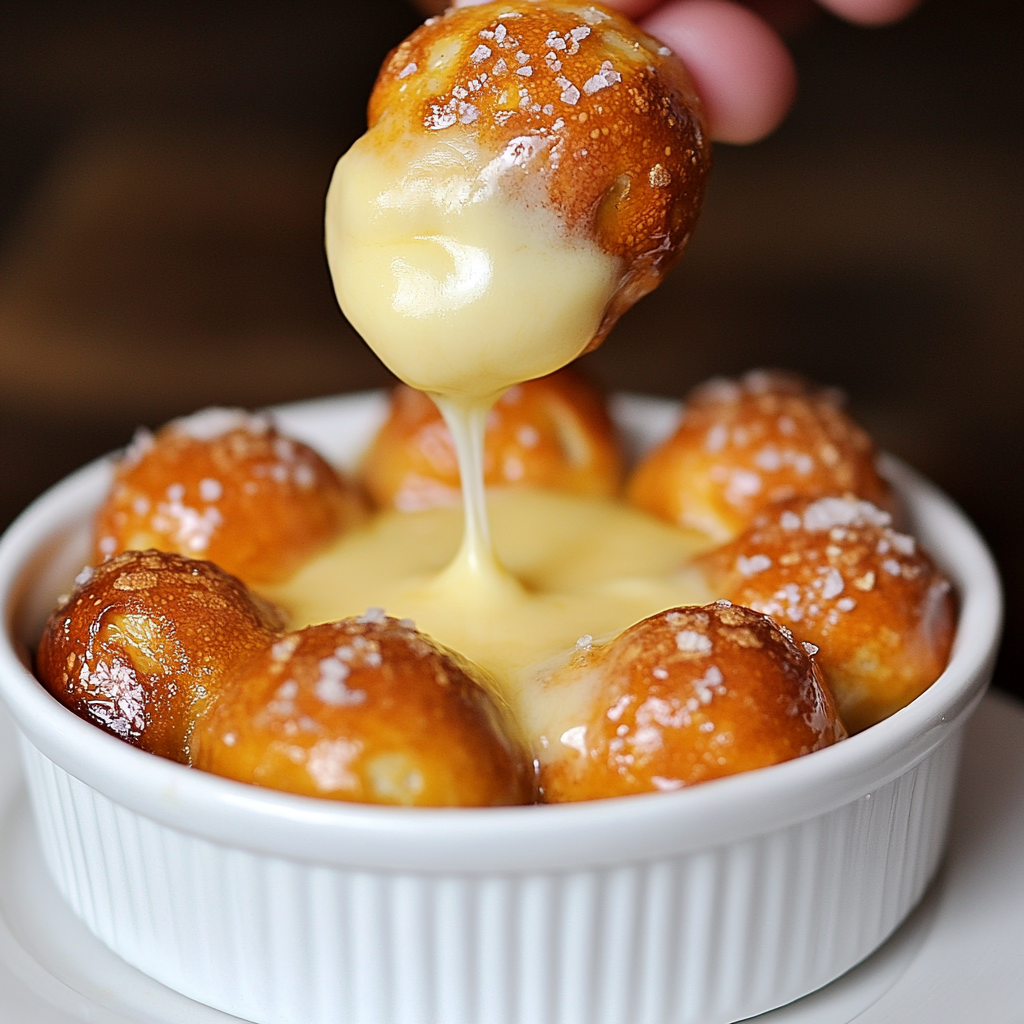 Golden pretzel bites with cheddar cheese sauce