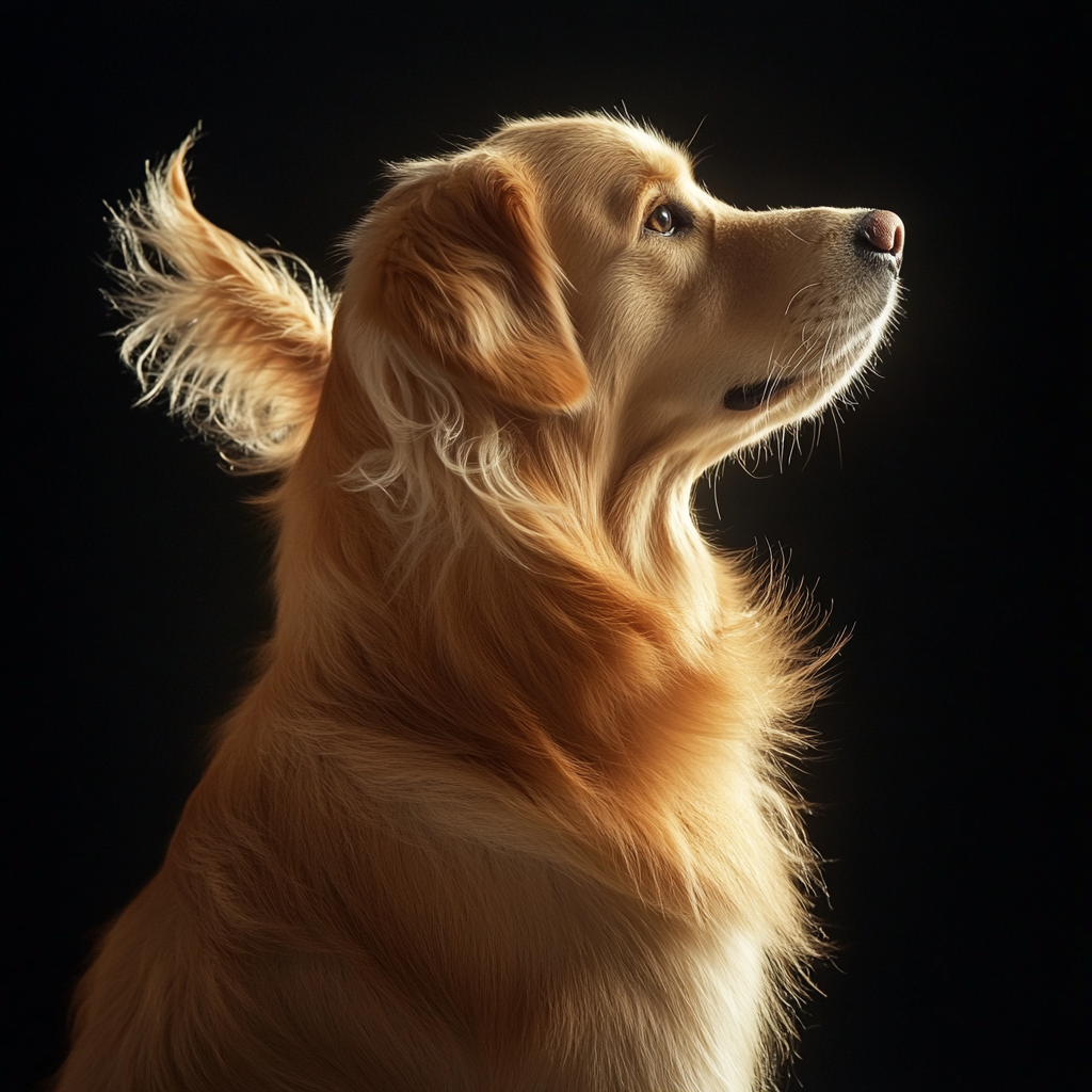 Golden retriever happy, fur illuminated, bright light commercial photography.