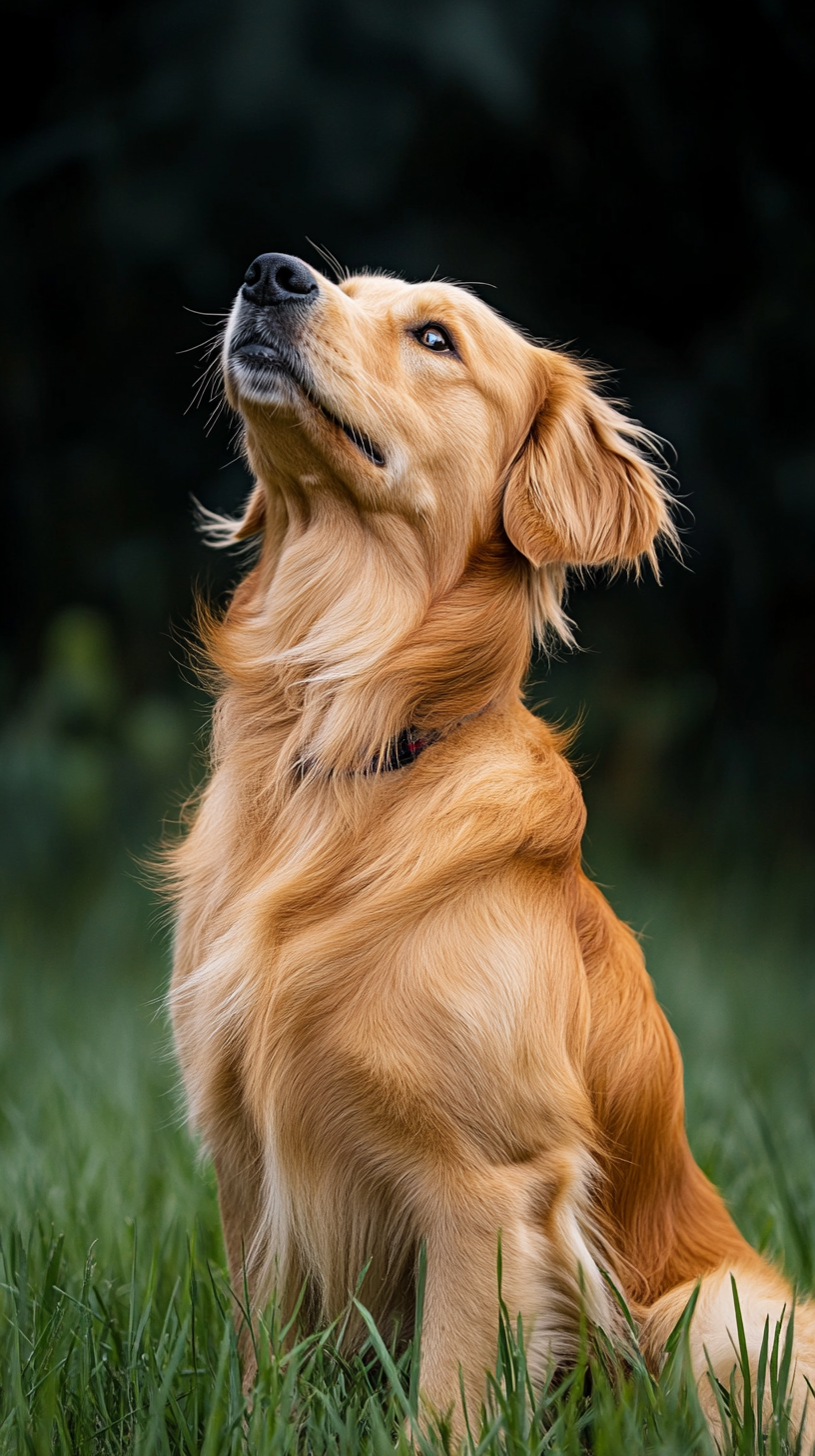 Golden retriever happy in grassy field with bright light.