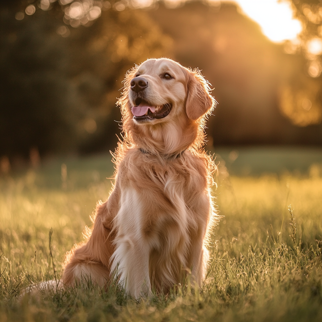 Golden retriever in grassy field, wagging tail happily.